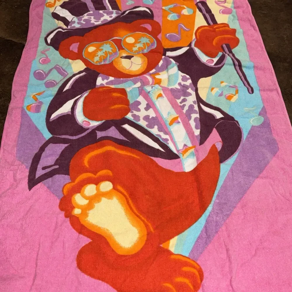 Lisa Frank Beach Towel Vintage Hollywood Bear Party Vibrant Colors Rare